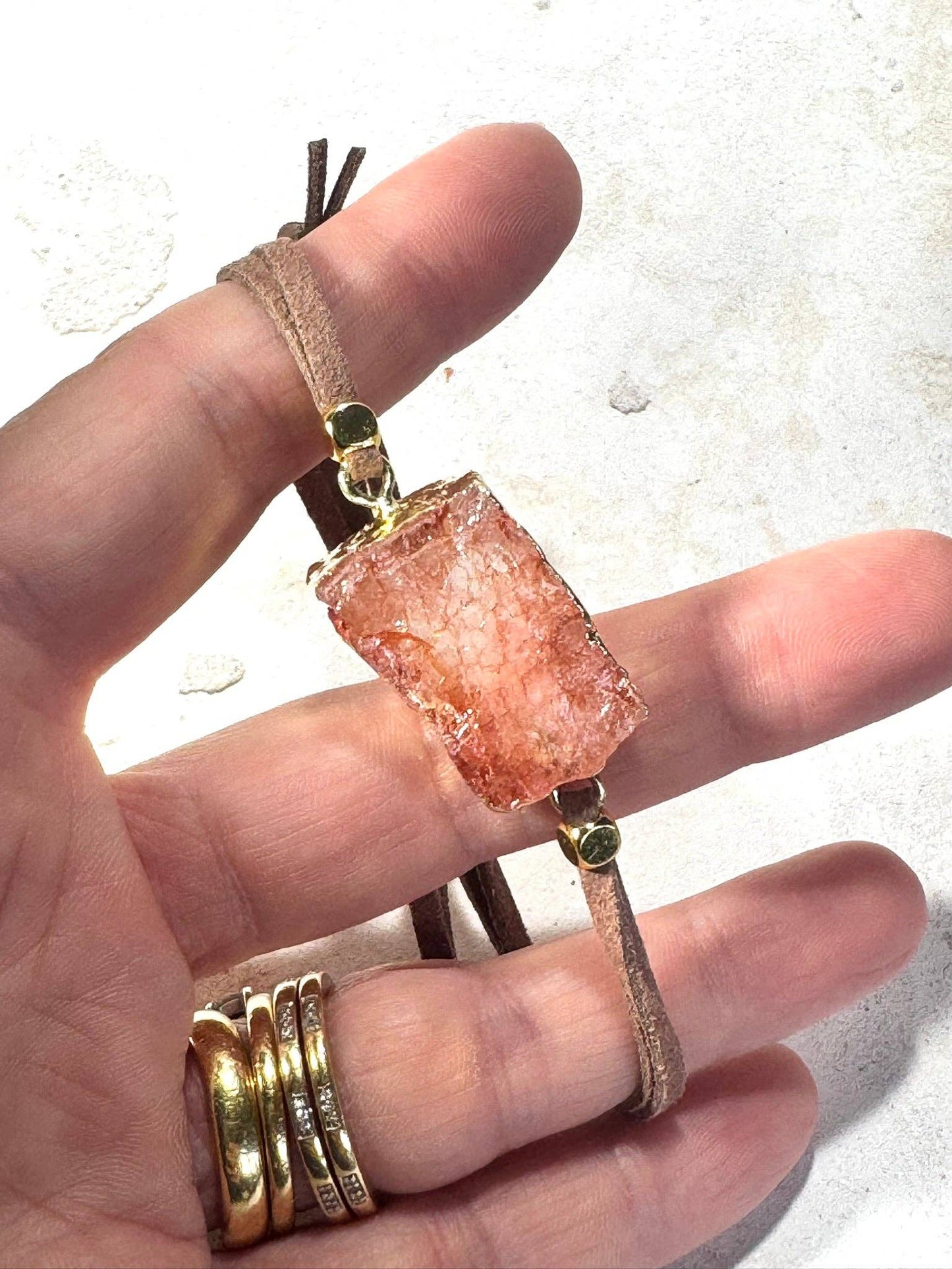 Natural Sunstone Bracelet – Gold-Wrapped Crystal on Adjustable Faux Suede | Handmade in the UK