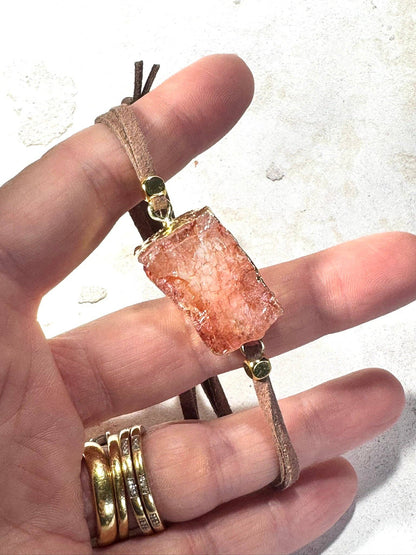 Natural Sunstone Bracelet – Gold-Wrapped Crystal on Adjustable Faux Suede | Handmade in the UK