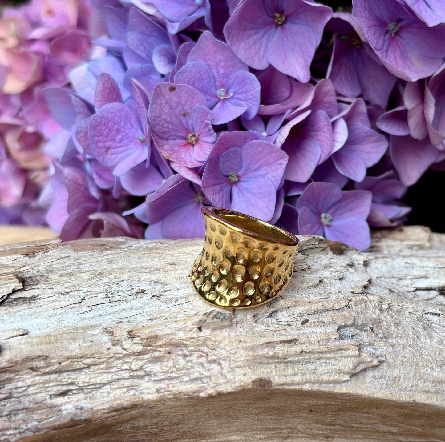 18ct Gold Plated Hammered Wide Band Ring - Size 7 / UK Size O