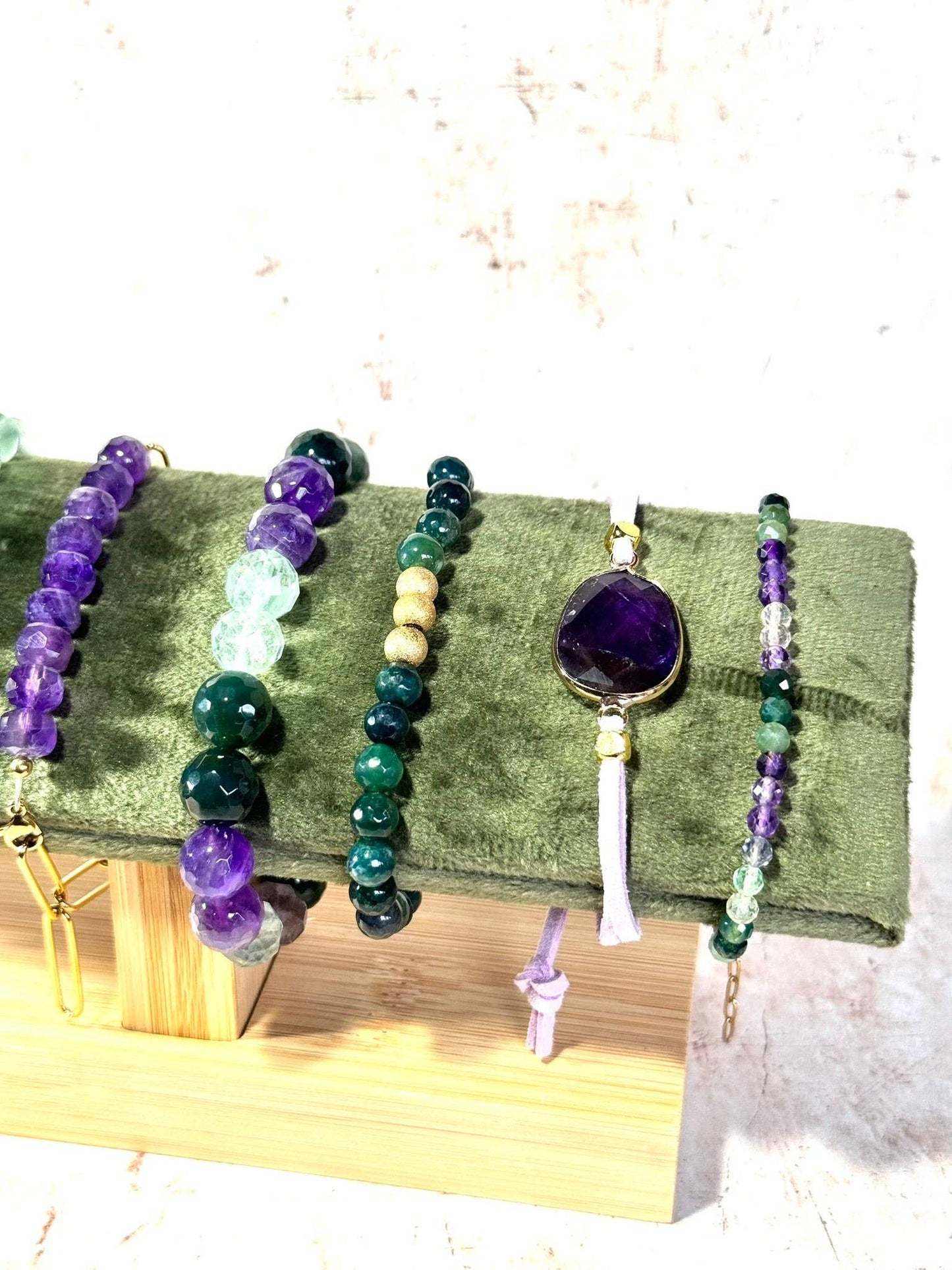 Chunky Amethyst and Moss Agate Diffuser Bracelet: 6 Inch Small