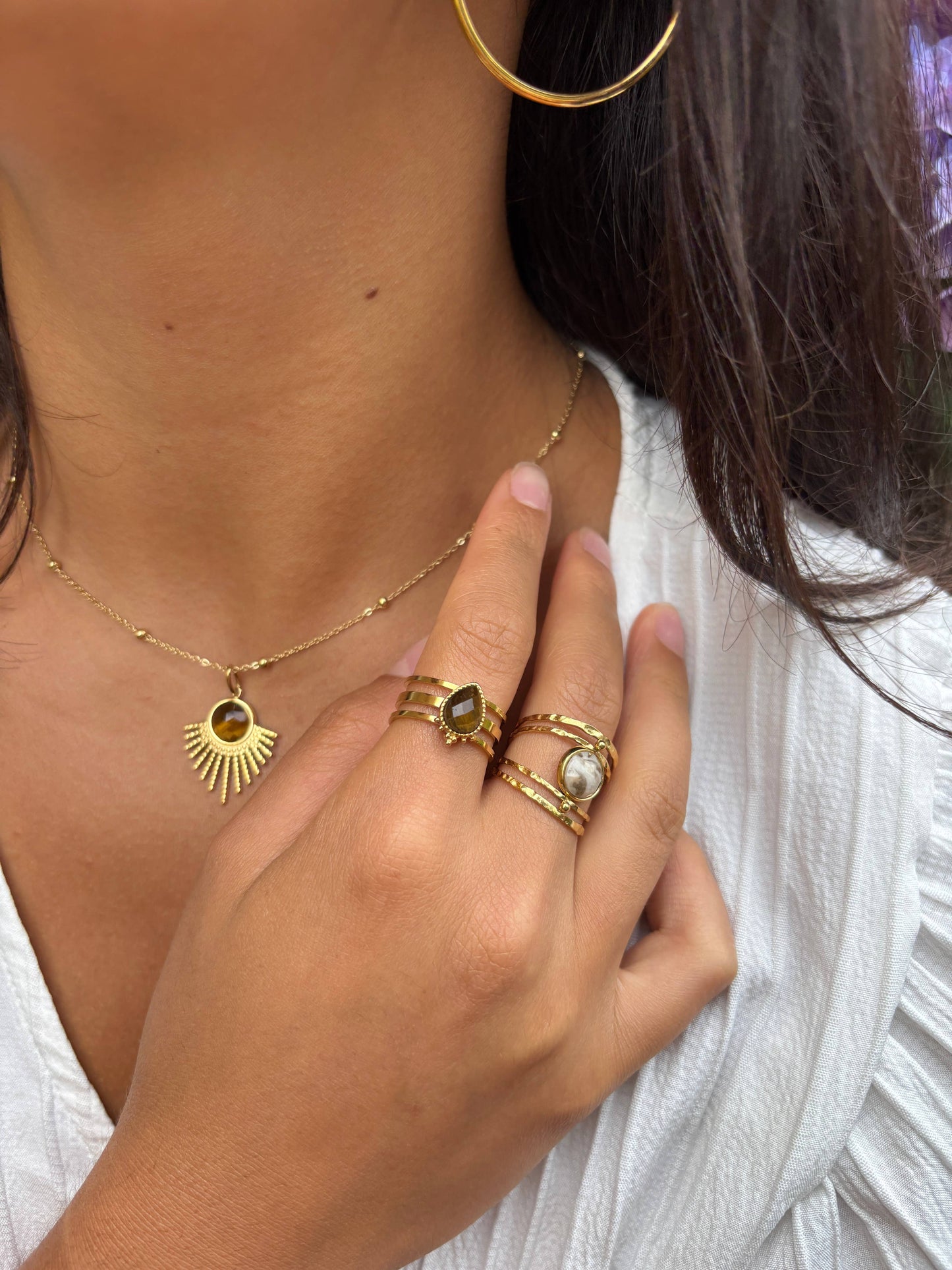 18ct Gold Plated Tiger's Eye Triple Band Ring