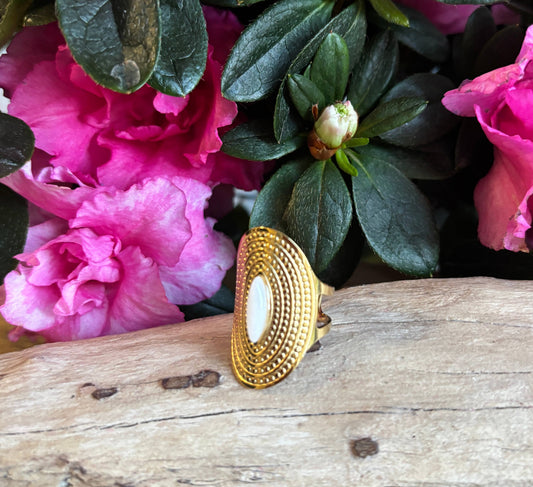 18ct Gold Plated White Jade Adjustable Ring