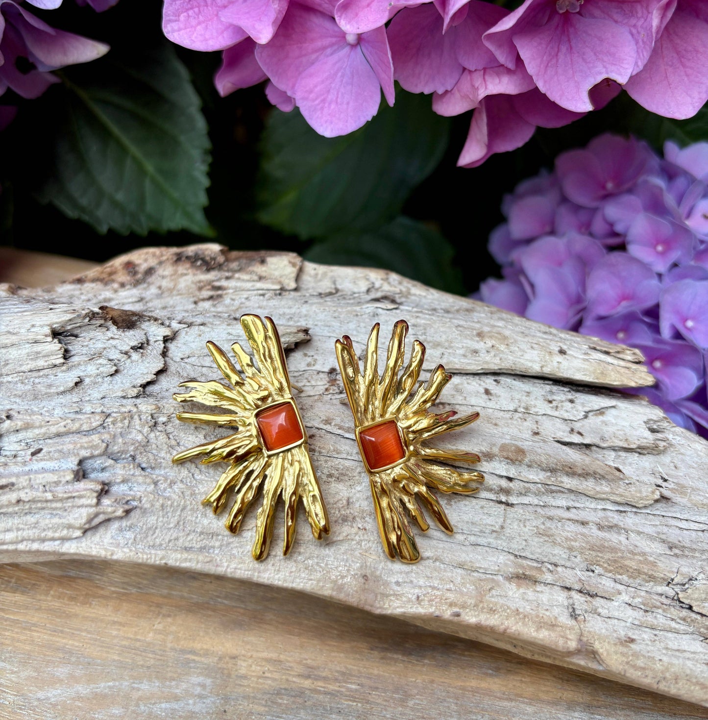 18ct Gold Plated Agate Fan Earrings: Green