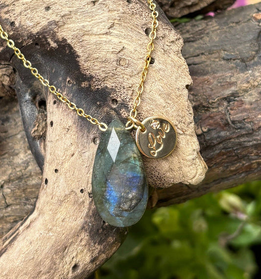 Personalised 18ct Gold Plated Labradorite Drop Necklace
