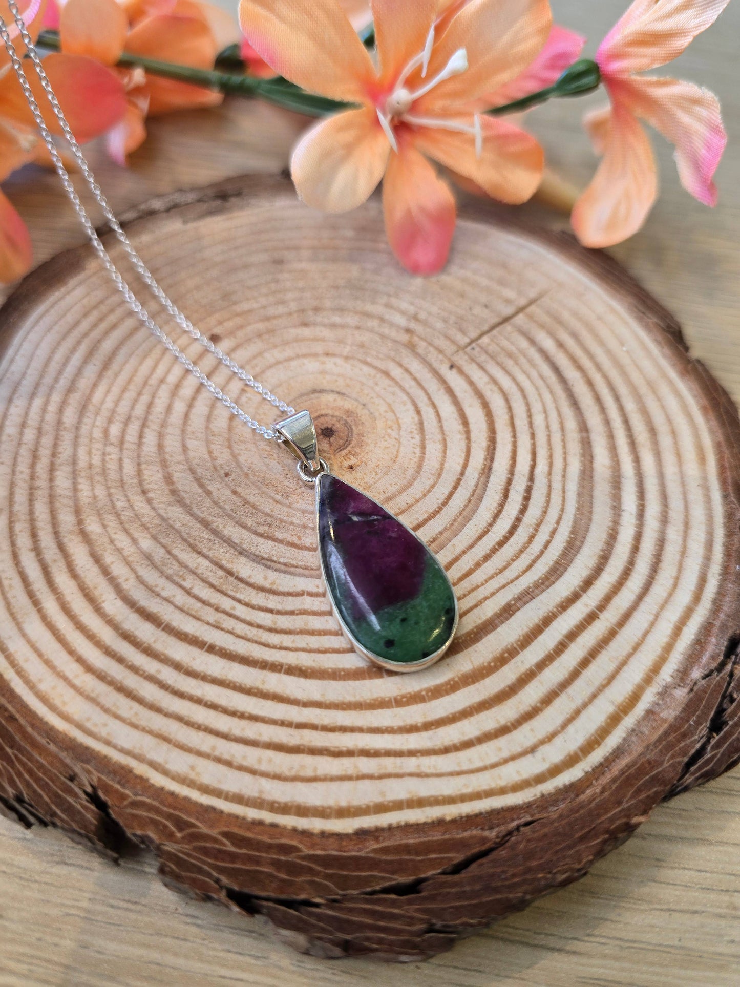 Ruby Zostite Teardrop Sterling Silver Pendant and Chain - 4.