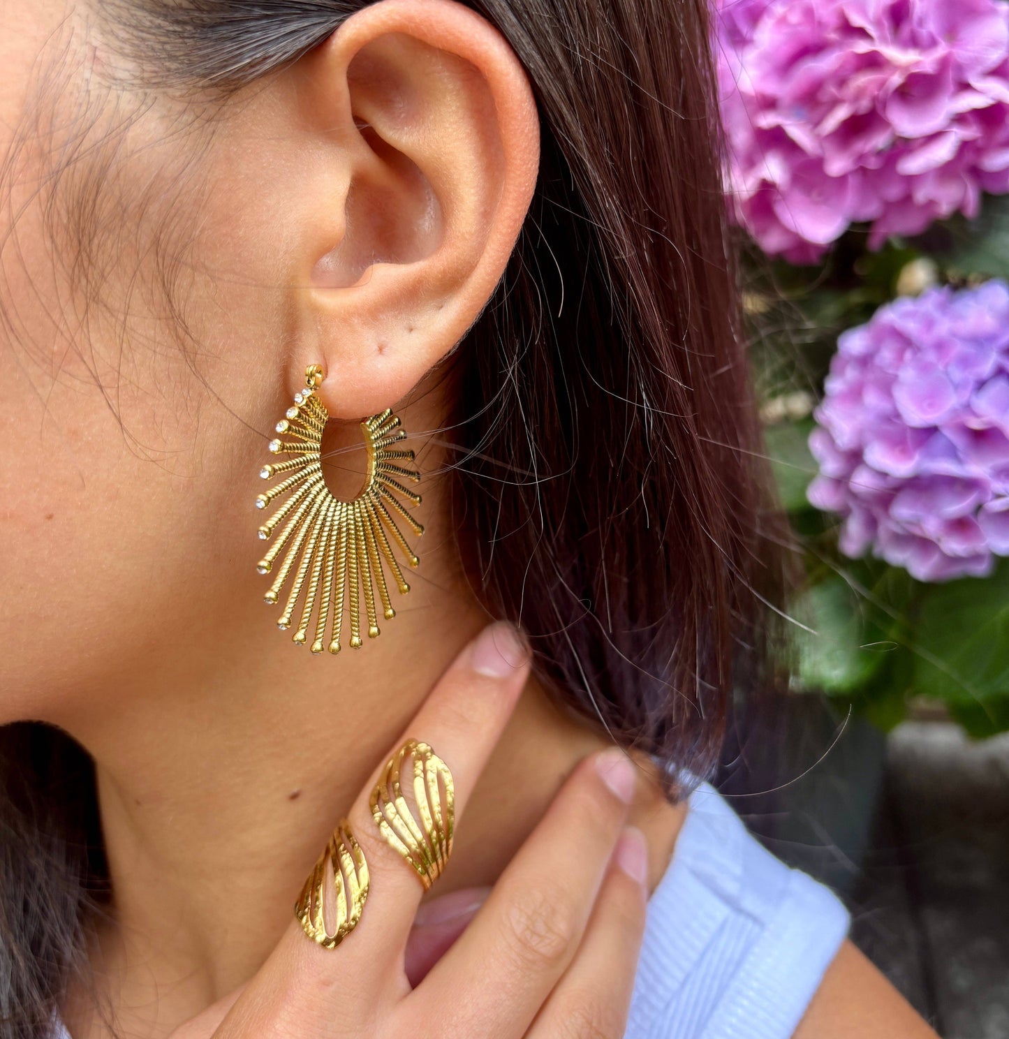 18ct Gold Plated Cubic Zirconia Fan Hoop Earrings