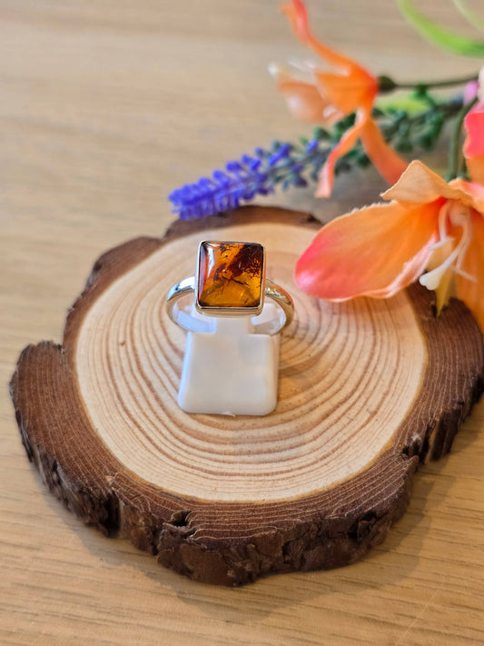 Amber Sterling Silver Ring - 3.4g - UK P