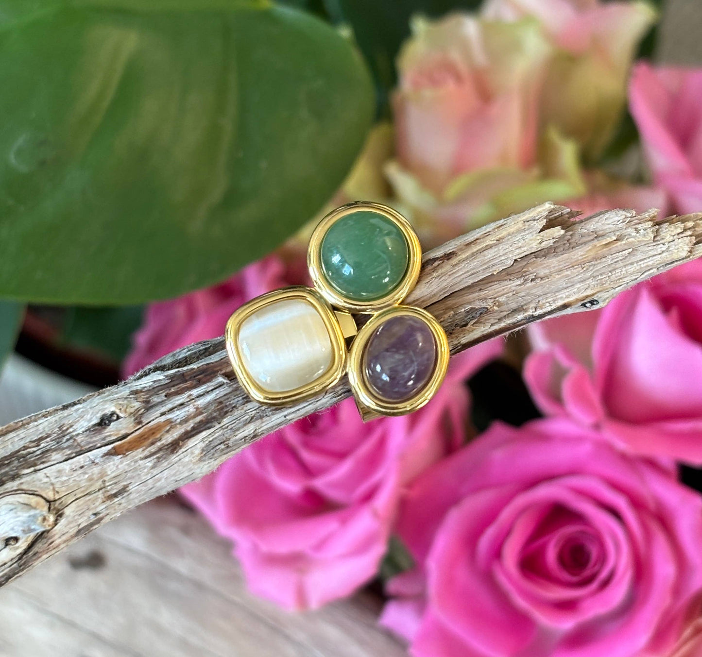 18ct Gold Plated Adjustable Triple Stone Ring   
