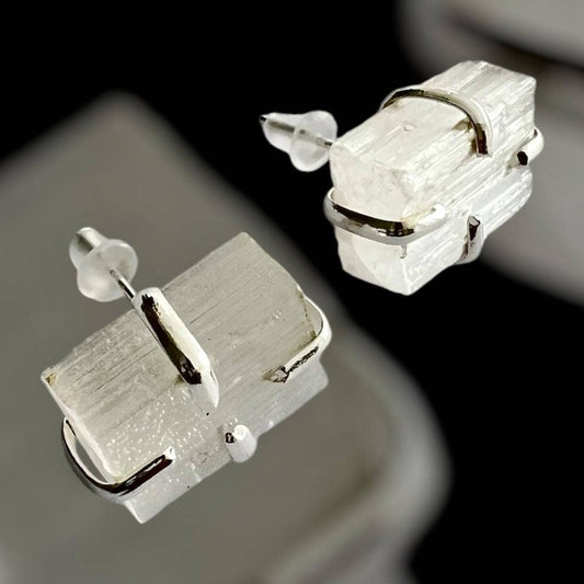 Selenite Crystal Stud Earrings – Silver Plated