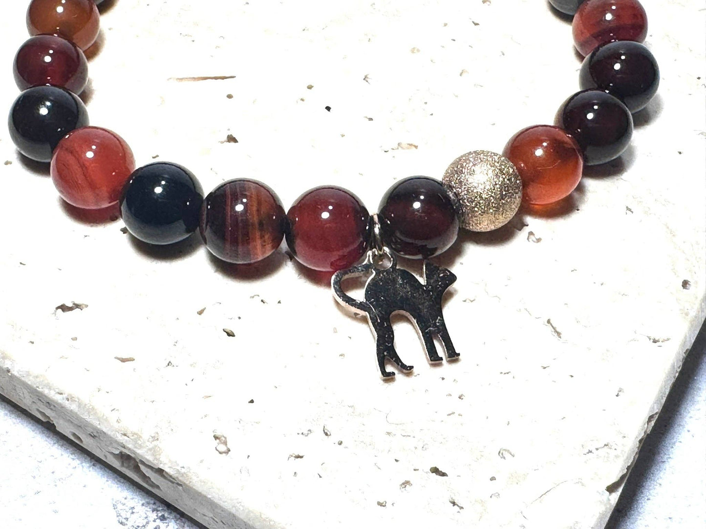 Dark Orange Agate Gemstone Bracelet, Rose Gold Cat Charm &amp, Lava Stone 6.5 Inch Medium