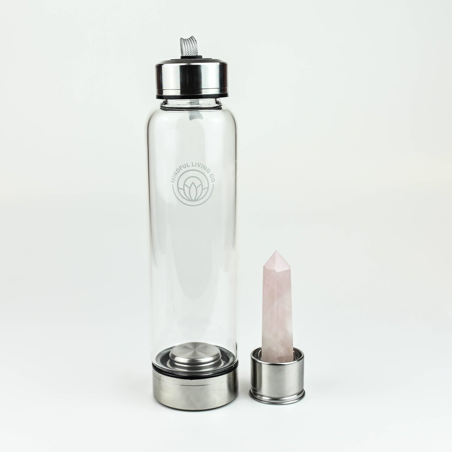 Crystal Infused Glass Water Bottle, Rose Quartz, Love & Calm
