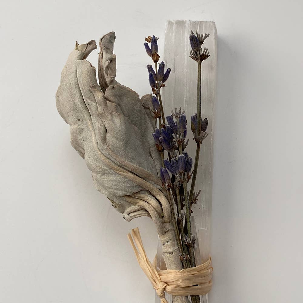 Mini Smudge Cluster, White Sage, Lavender & Selenite Wand 4"