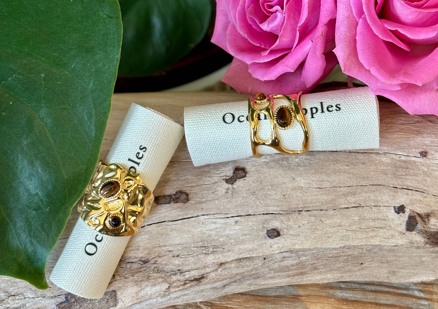 18ct Gold Plated Adjustable Tiger's Eye Hammered Ring    
