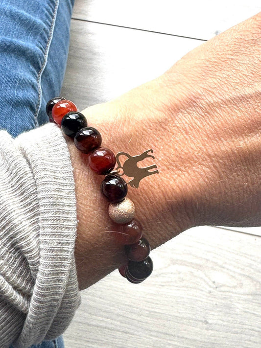 Dark Orange Agate Gemstone Bracelet with Rose Gold Cat Charm &amp; Lava Stone | Handmade in the UK: 6 Inch Small