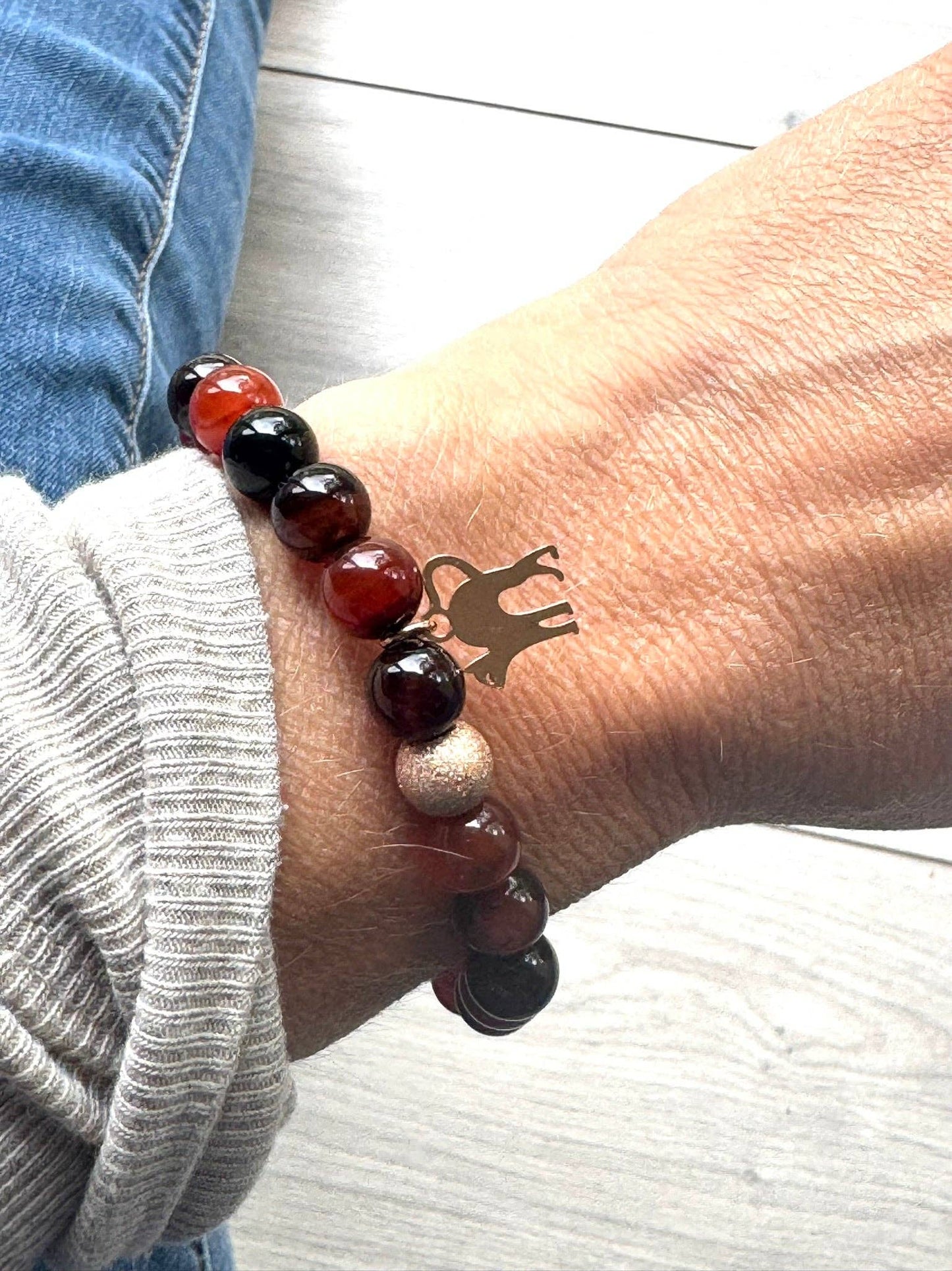 Dark Orange Agate Gemstone Bracelet, Rose Gold Cat Charm &amp, Lava Stone 6.5 Inch Medium