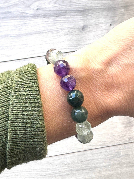 Chunky Amethyst and Moss Agate Diffuser Bracelet: 6 Inch Small