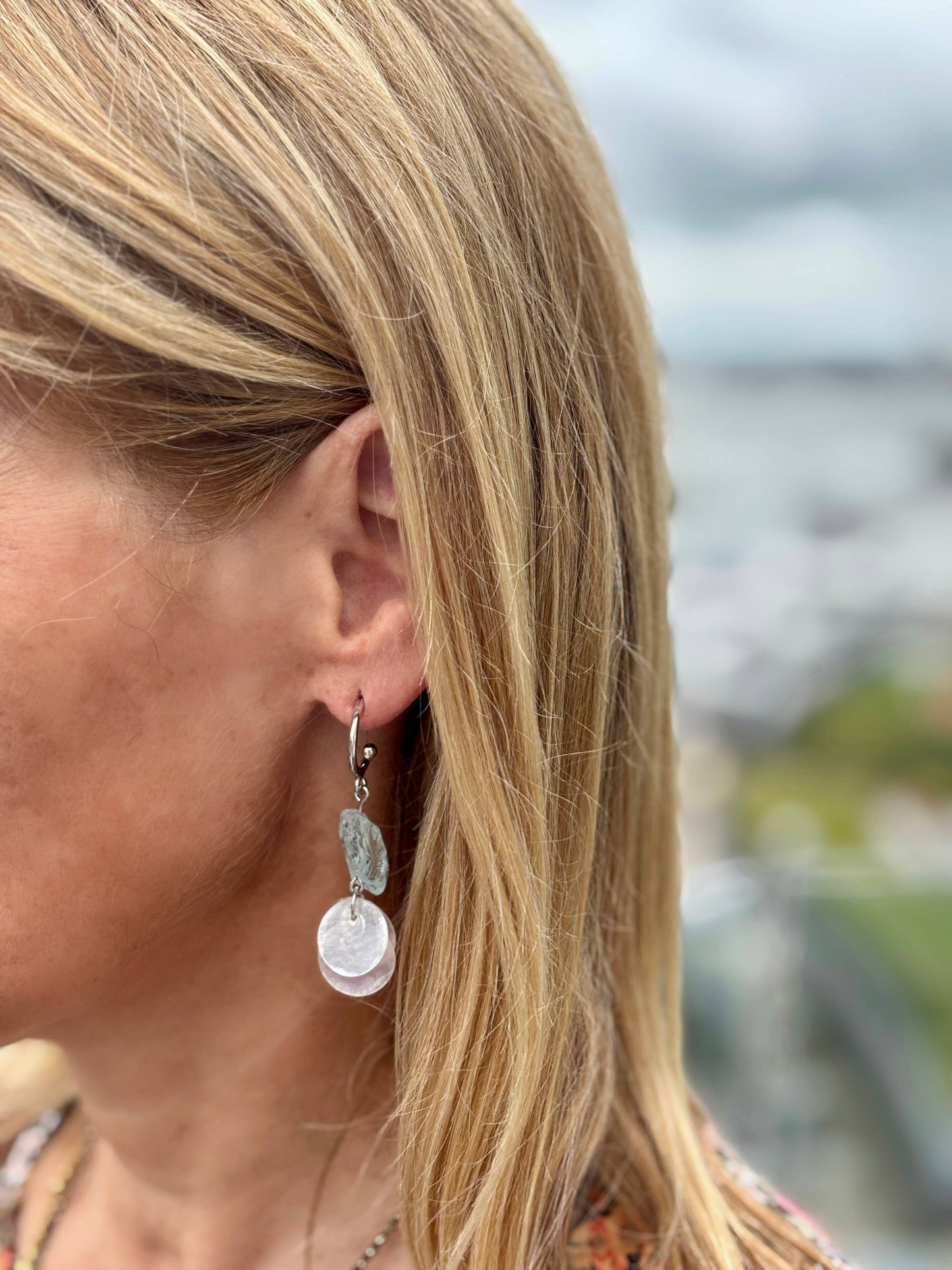 Silver Aquamarine Shell Disc Drop Earrings  