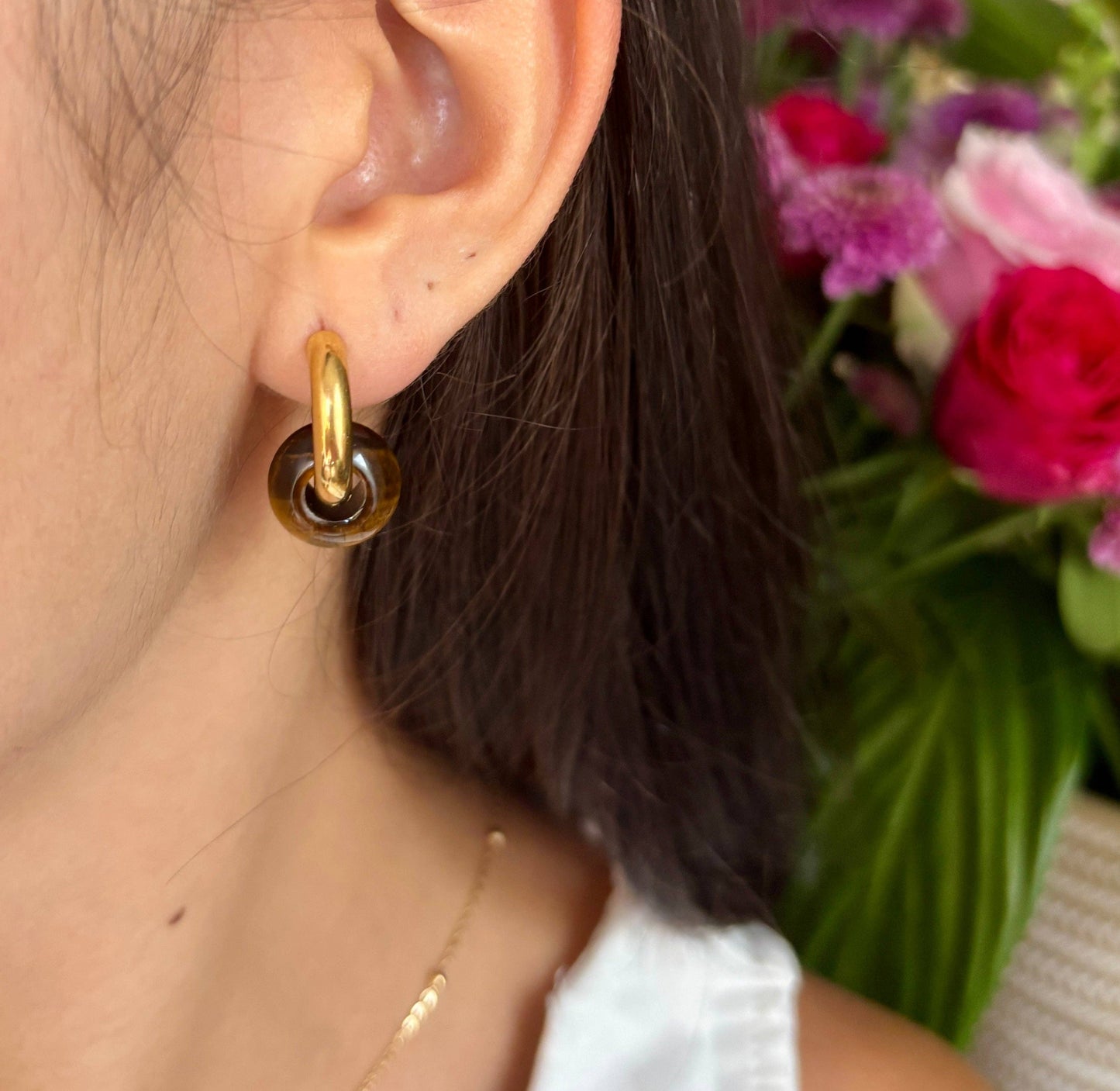 18ct Gold Plated Tiger's Eye Doughnut Hoop Earrings