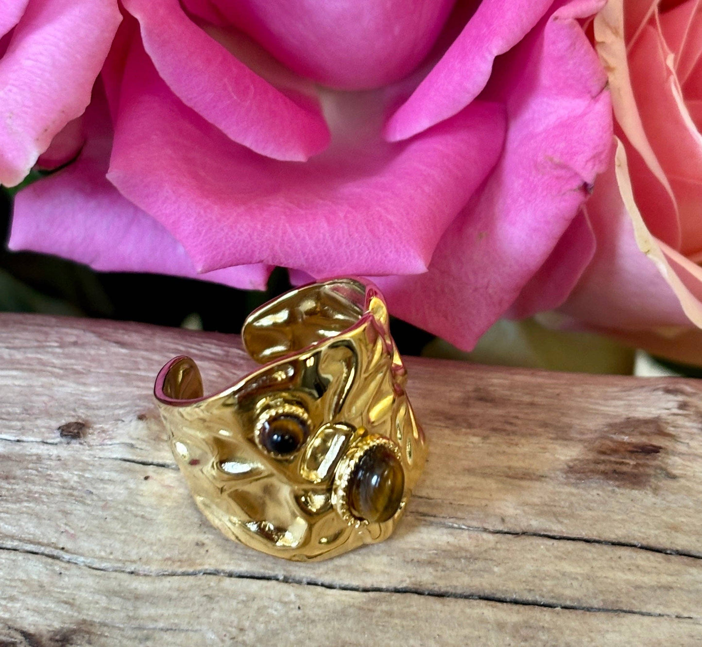 18ct Gold Plated Adjustable Tiger's Eye Hammered Ring    