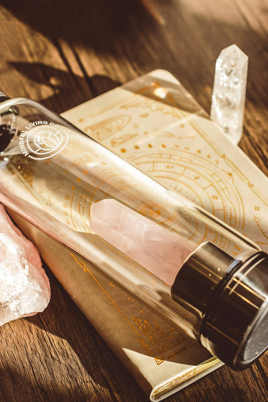 Crystal Infused Glass Water Bottle, Rose Quartz, Love & Calm