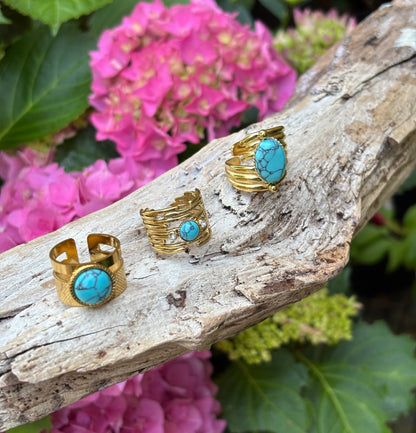 18ct Gold Plated Turquoise Cubic Zirconia Multi Band Ring 