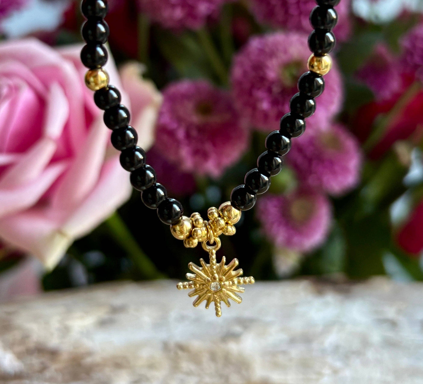 18ct Gold Plated Black Obsidian Beads Bracelet (Small)