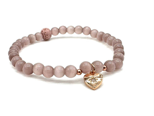 Cats Eye with Rose Gold Heart Charm Diffuser Bracelet: Small