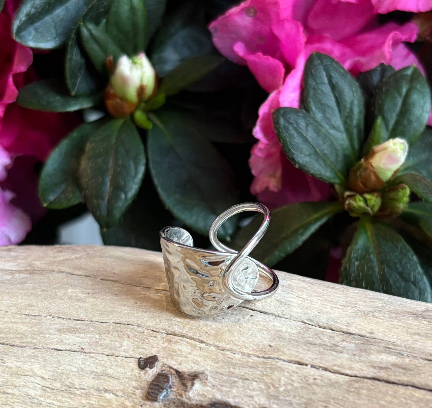 Silver Hammered Crossover Adjustable Ring