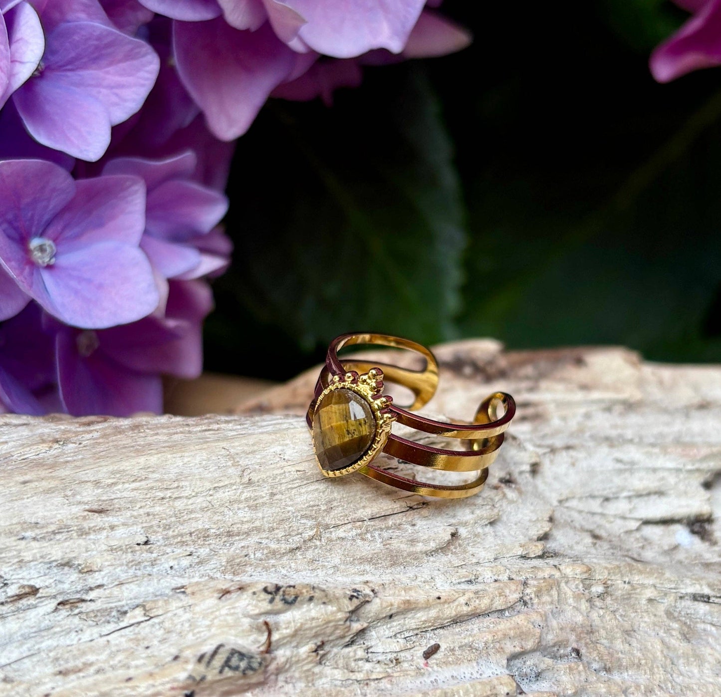 18ct Gold Plated Tiger's Eye Triple Band Ring