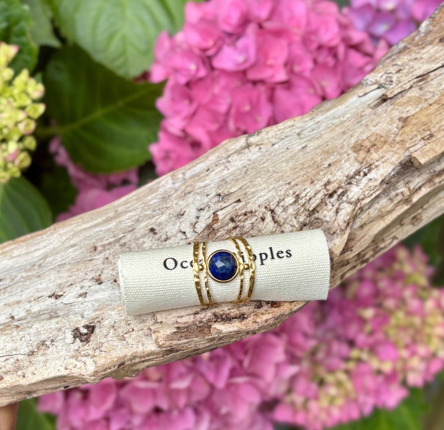 18ct Gold Plated Adjustable Nature Stone Double Band Ring  : Lapis Lazuli