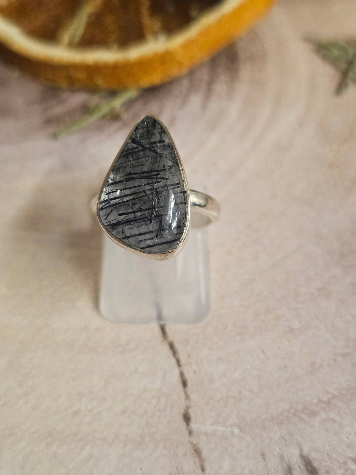 Black Tourmaline in Quartz Sterling Silver Ring - 4.68g