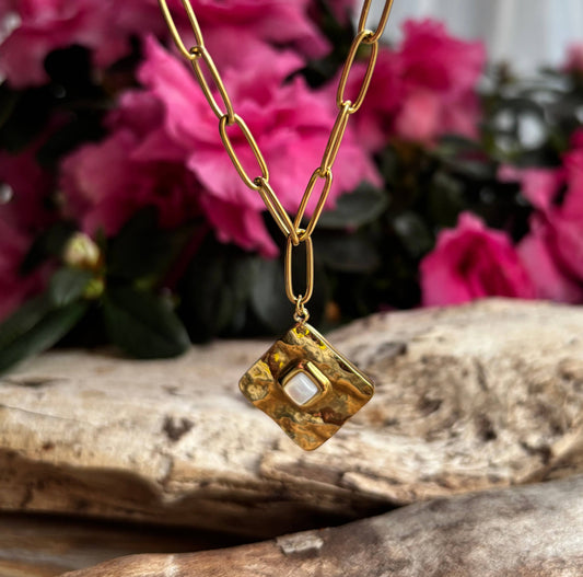 18ct Gold Plated Mother Of Pearl Square Pendant Necklace    