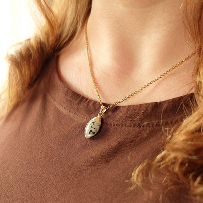 Dalmatian Jasper Gemstone Oval Necklace Pendant: 16 - 18 inches