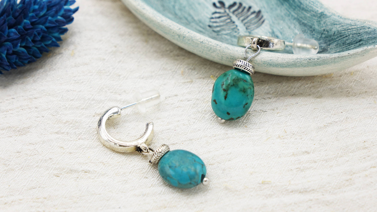 Boho Turquoise Dangle Earrings - Silver Embellishment