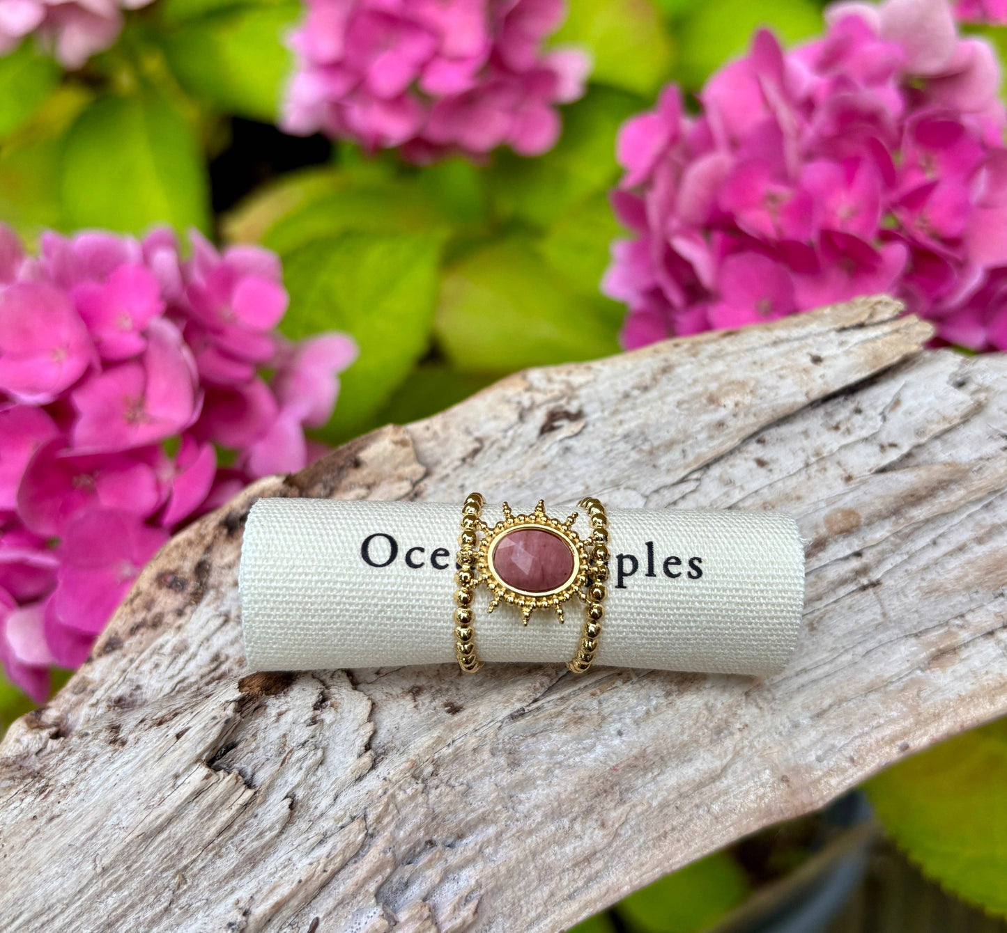 18ct Gold Plated Natural Stone Sun Ring: Rhodochrosite