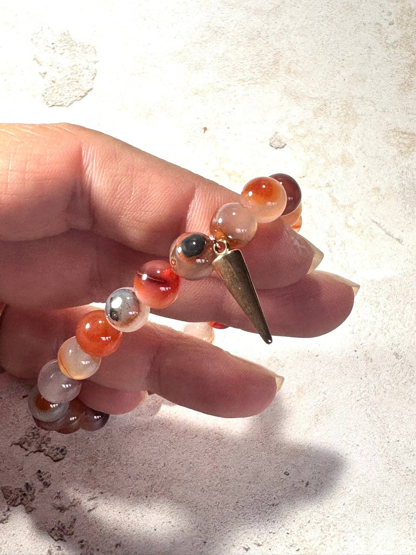 Orange Sardonyx Gemstone Bracelet with Rose Gold Point Charm Lava Stone | Handmade in the UK: 6.5 Inch Medium