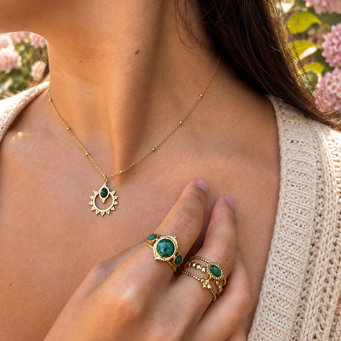 18ct Gold Plated Green Agate Triple Band Ring