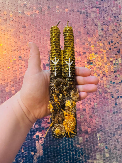 Luxury Beeswax Rune Candles with Marigold & Gold Glitter