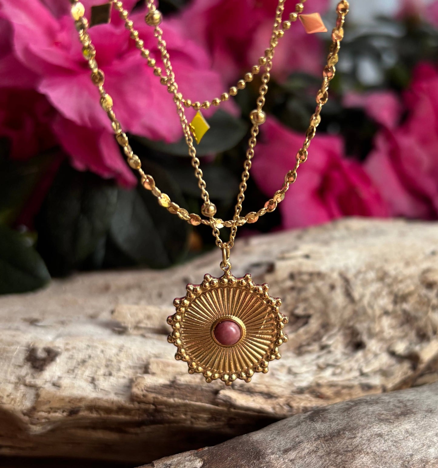 18ct Gold Plated Rhodochrosite Sun Pendant Necklace   